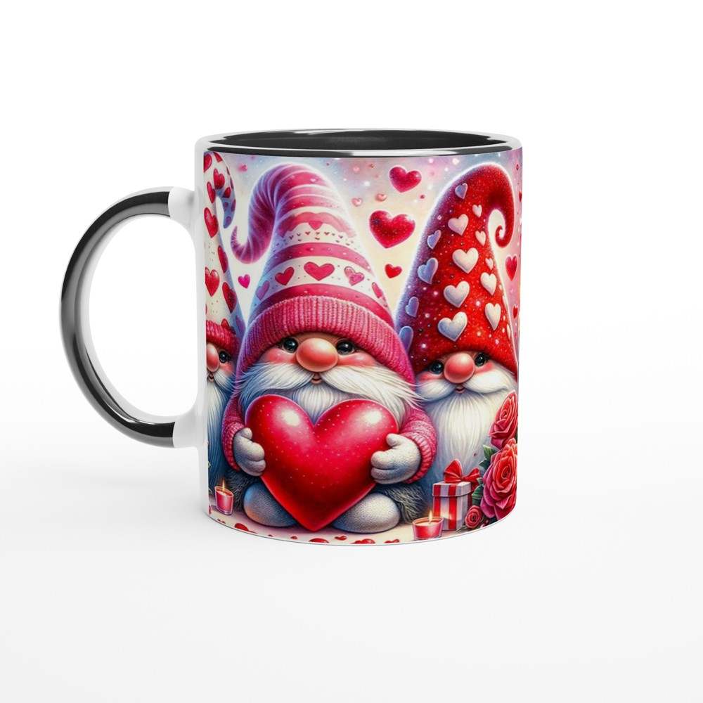 Cute Gnome Valentines Day Mug with heart design, 11oz ceramic, glossy white with colored accents, ideal sweet coffee cup gift.