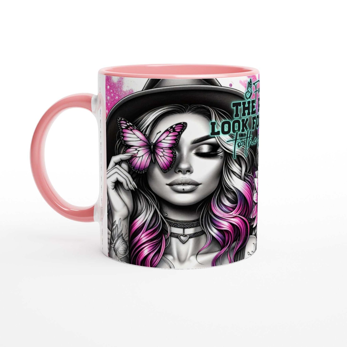 Forget The Past motivational coffee mug with vibrant butterfly and woman design, pink accents, 11oz ceramic.