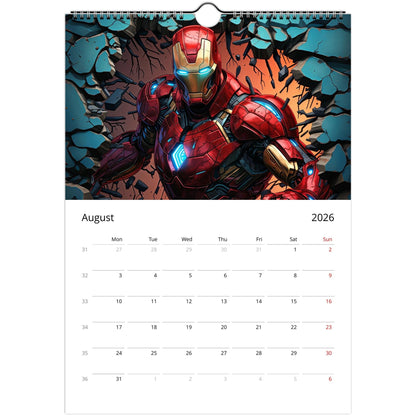 Superhero Calendar 2026 August page with comic-style Iron Man illustration and dates for notes and reminders.