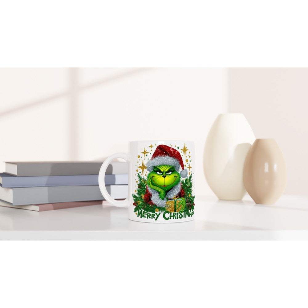 Grinch Merry Christmas Mug with festive design, 11oz ceramic, glossy finish.