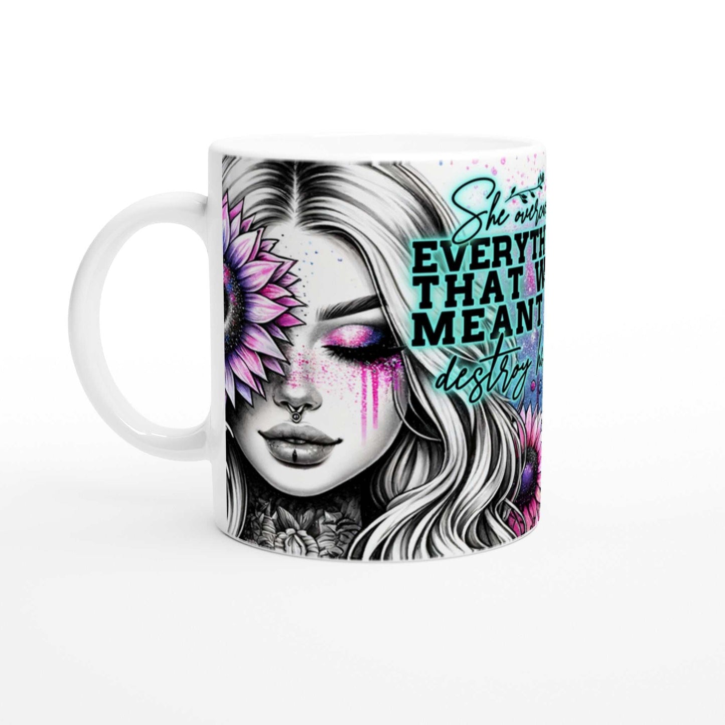 Motivational coffee mug with "She Overcame Everything" quote and vibrant design, 11oz ceramic, colorful rim and handle.