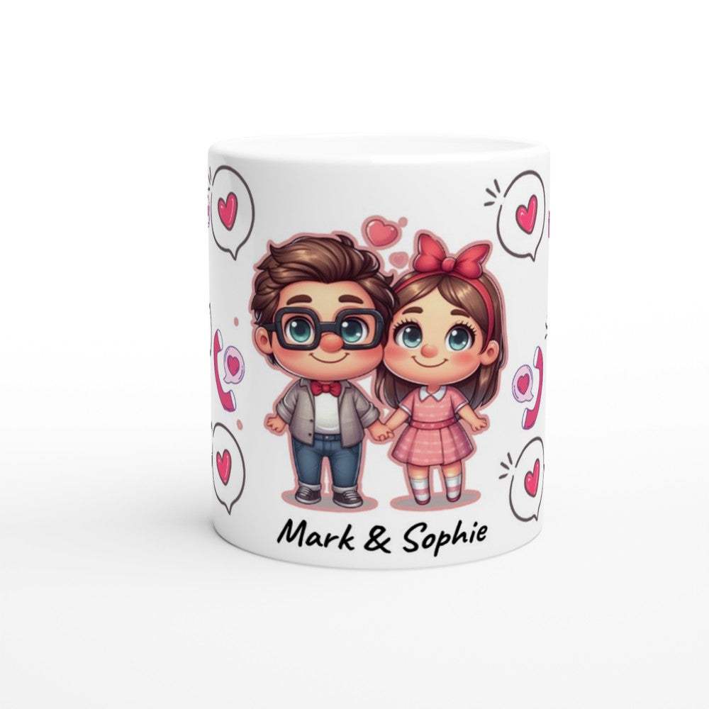 Cute personalized ceramic coffee mug with cartoon couple design, heart details, and custom names, perfect Valentine's gift.