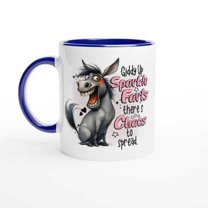 Giddy Up Sparkle Farts Quirky Mug with donkey design, 11oz ceramic, colorful interior and handle.