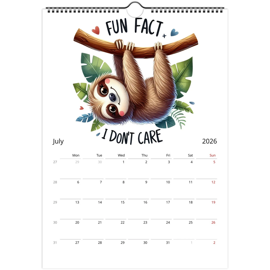 Adorable Sloth Wall Calendar 2026 featuring cute sloth illustration and monthly date grid for July with spiral binding and vibrant glossy pages