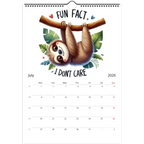 Adorable Sloth Wall Calendar 2026 featuring cute sloth illustration and monthly date grid for July with spiral binding and vibrant glossy pages