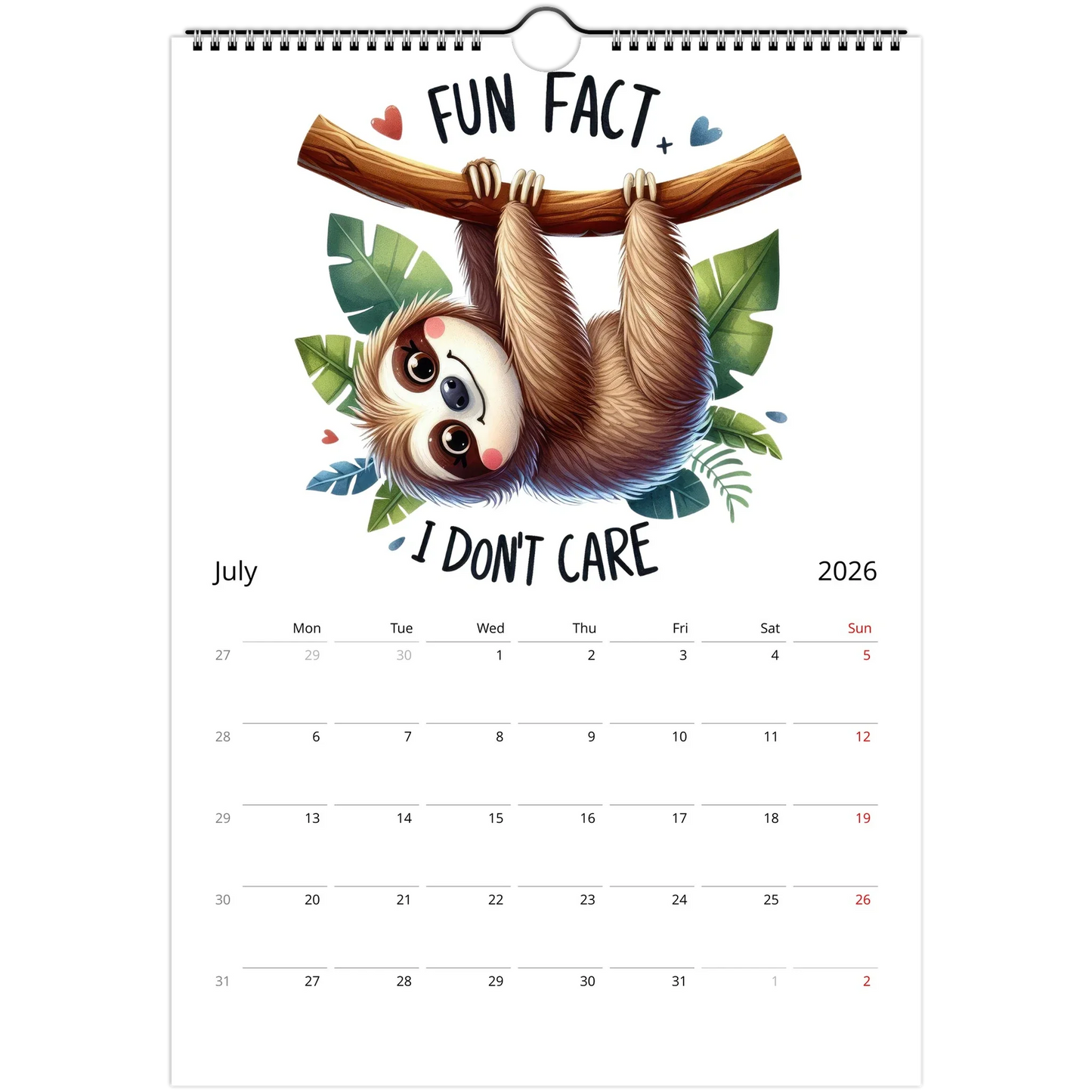 Adorable Sloth Wall Calendar 2026 featuring cute sloth illustration and monthly date grid for July with spiral binding and vibrant glossy pages
