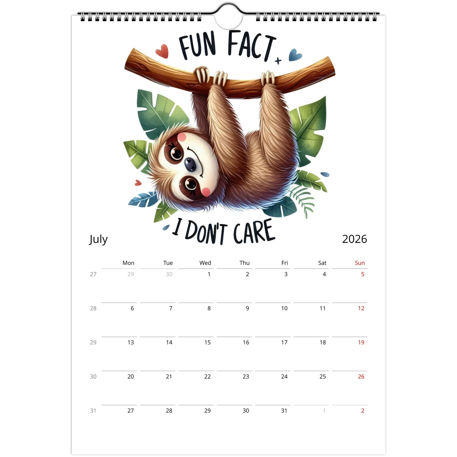 Adorable Sloth Wall Calendar 2026 featuring cute sloth illustration and monthly date grid for July with spiral binding and vibrant glossy pages