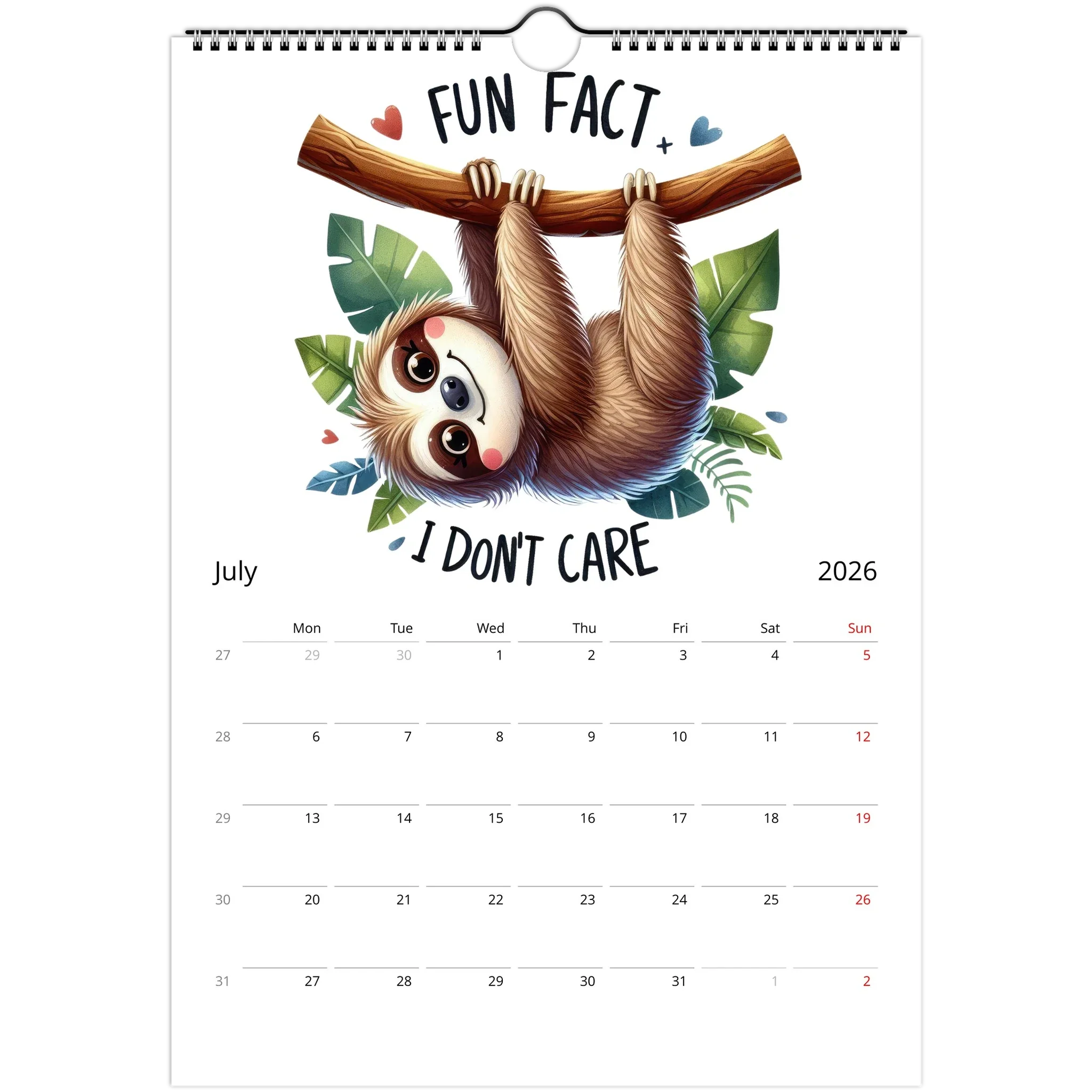 Adorable Sloth Wall Calendar 2026 featuring cute sloth illustration and monthly date grid for July with spiral binding and vibrant glossy pages