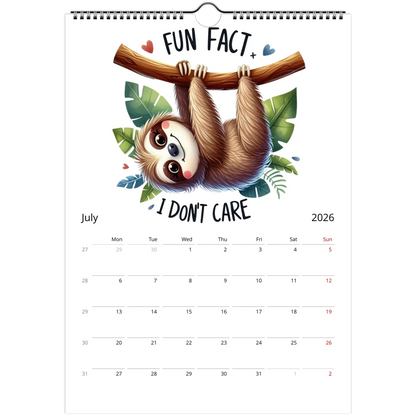 Adorable Sloth Wall Calendar 2026 featuring cute sloth illustration and monthly date grid for July with spiral binding and vibrant glossy pages