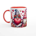 Adorable gnome Valentines Day mug with cute design and colorful rim for hot beverages