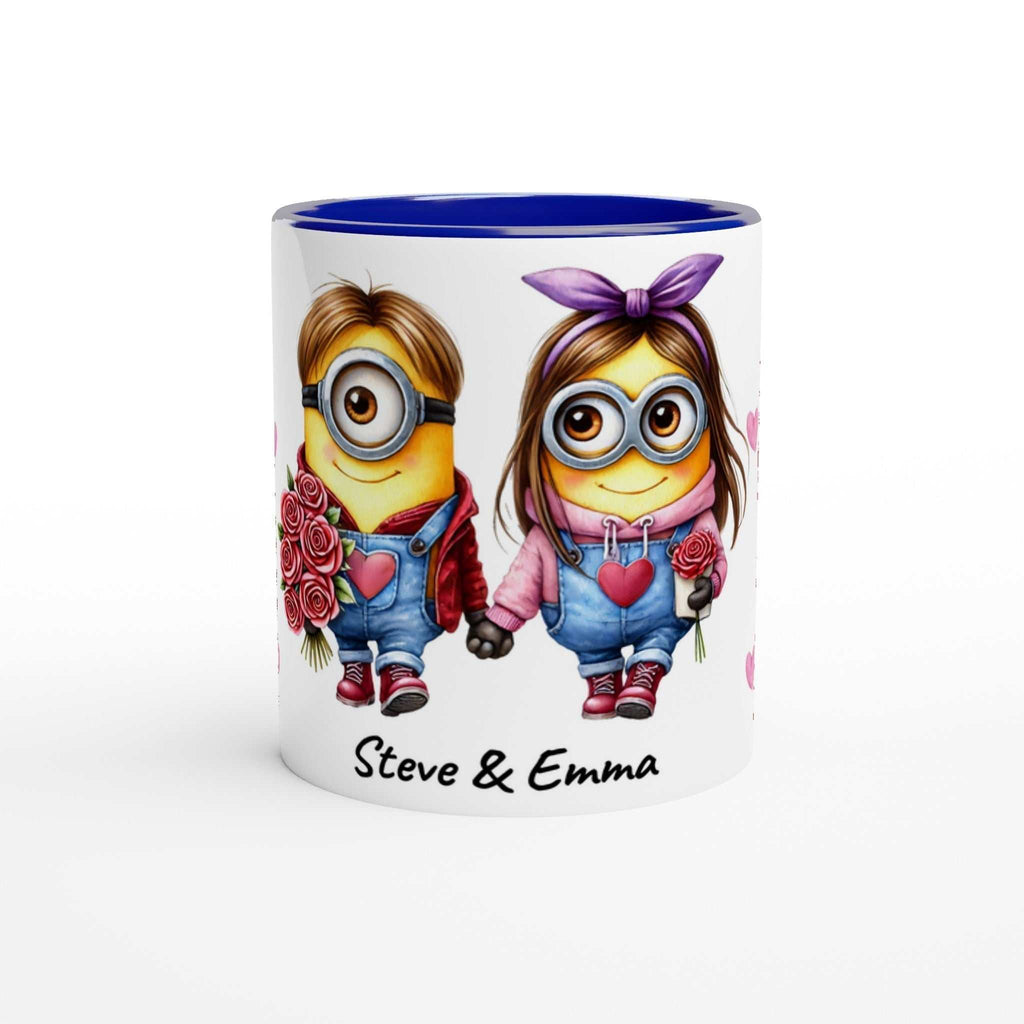 Cute Minions personalised Valentine mug with custom names and colorful design.