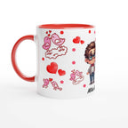 Cute personalized Valentines Day mug with lovebirds and hearts design, perfect romantic gift.