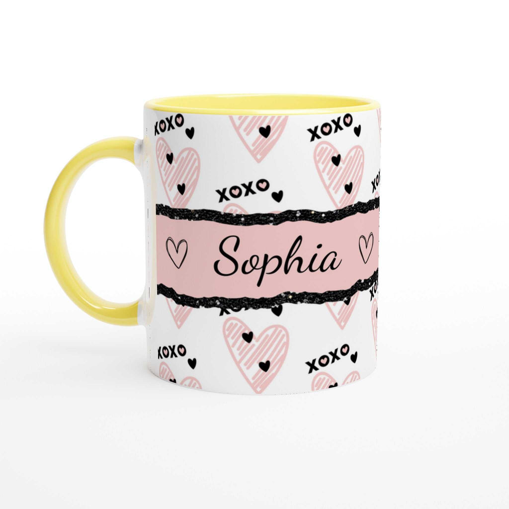 Personalised cute Valentines Day mug with heart design, yellow rim, and custom name.