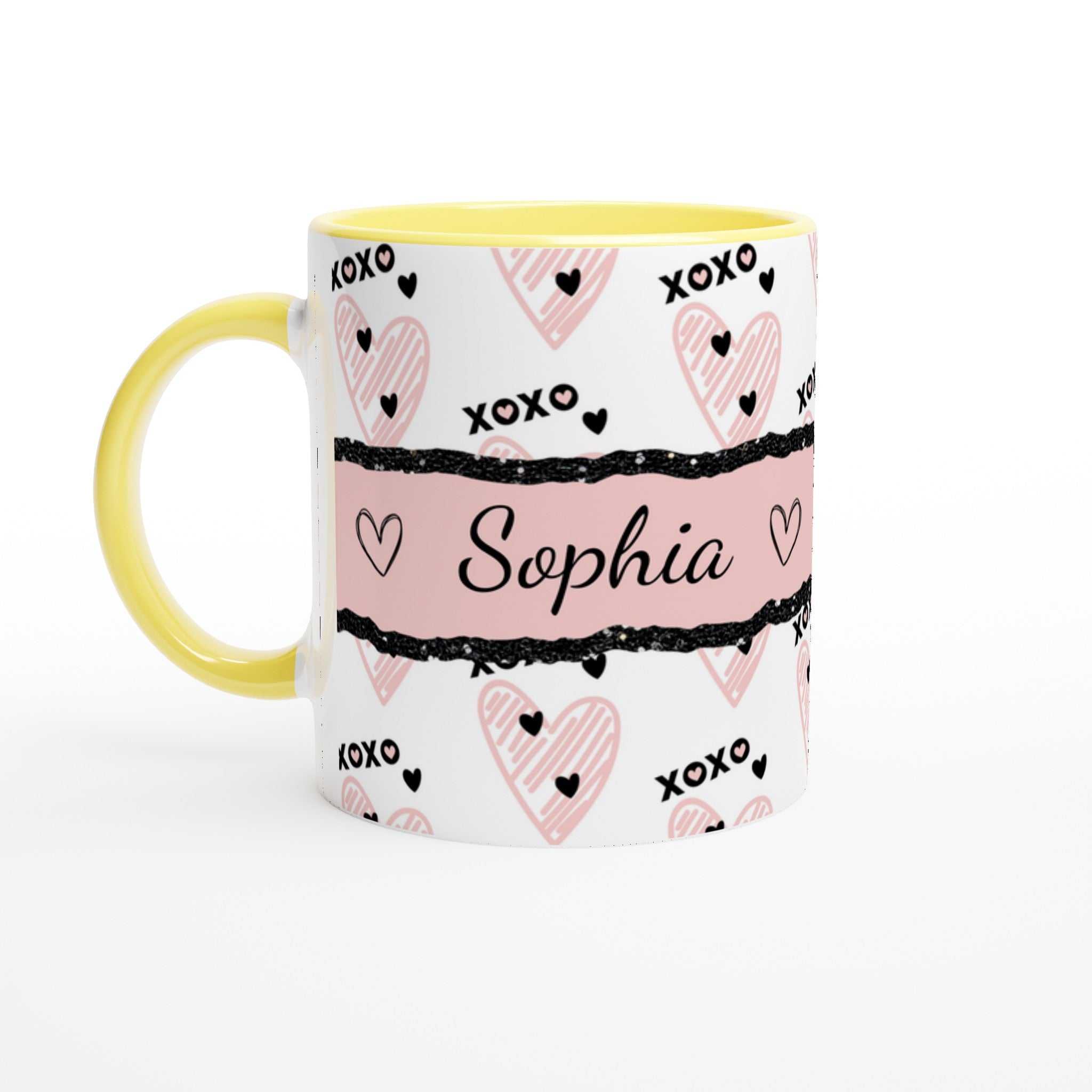 Personalised cute Valentines Day mug with heart design, yellow rim, and custom name.
