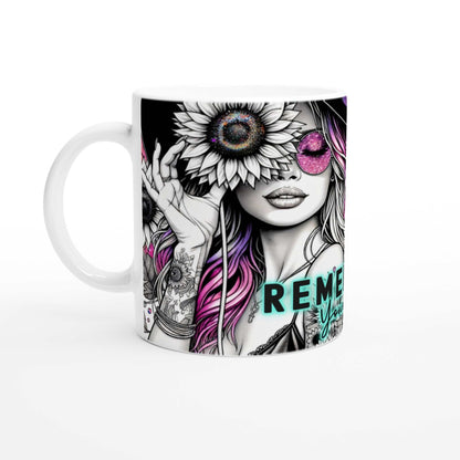 Remember Your Why motivational coffee mug with vibrant design and inspirational quote.
