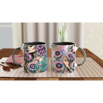 Kindness Is Free motivational coffee mug with colorful design and inspirational quote, 11oz ceramic, microwave and dishwasher safe.