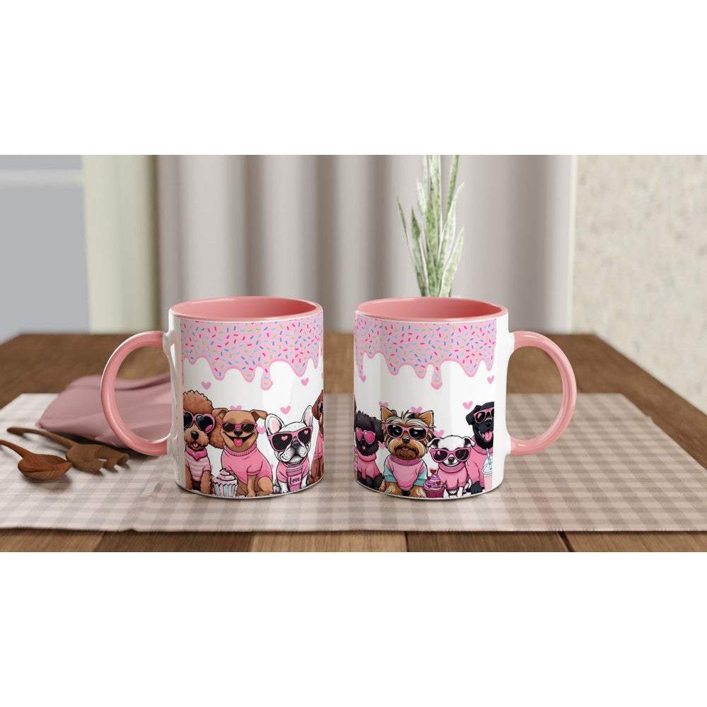 Cute puppy Valentines Day mug with colorful design and pink handle, perfect gift for dog lovers.