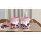 Cute puppy Valentines Day mug with colorful design and pink handle, perfect gift for dog lovers.