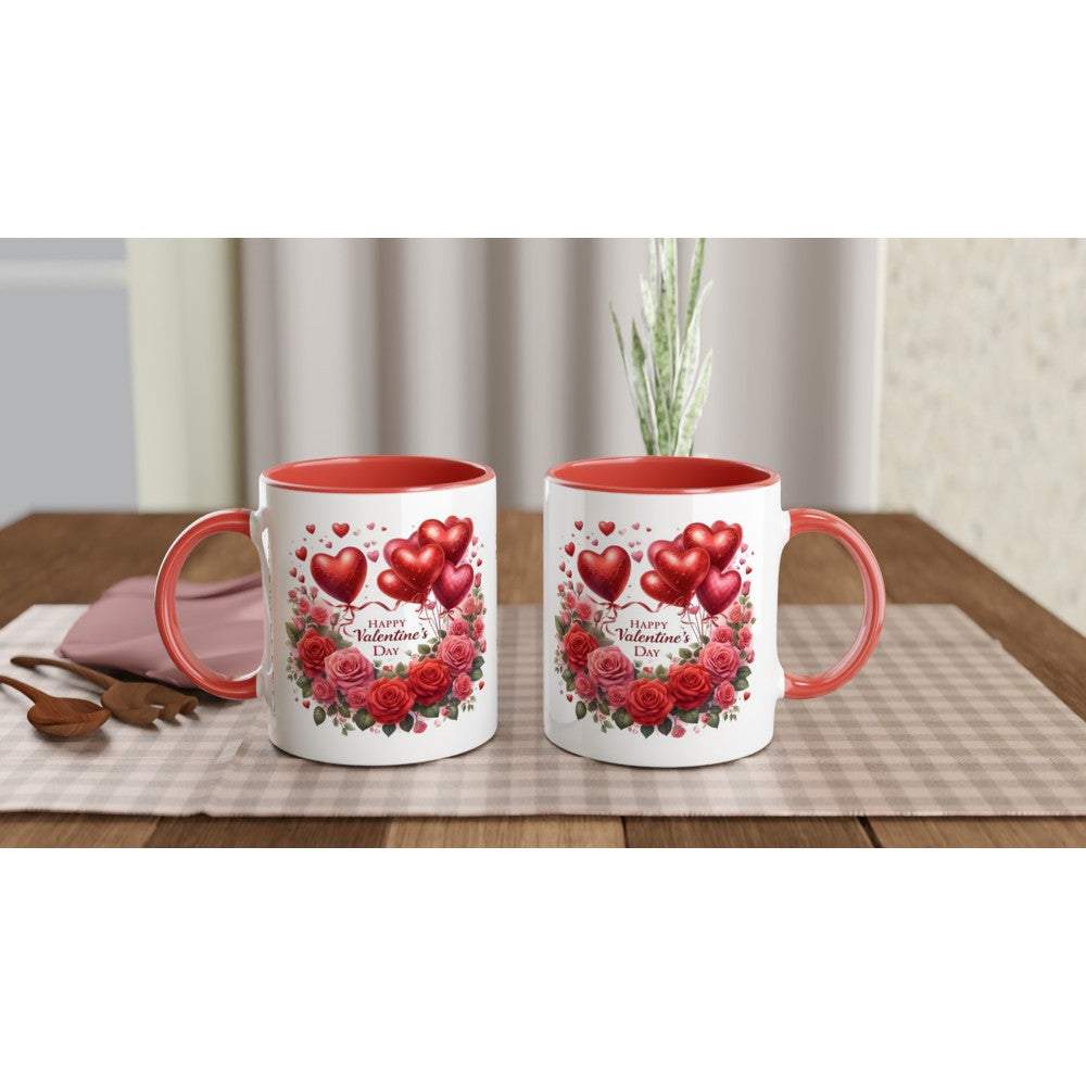 Ceramic Valentines Day mugs with heart design, red rims and handles.