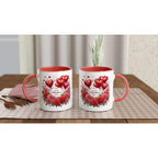 Ceramic Valentines Day mugs with heart design, red rims and handles.