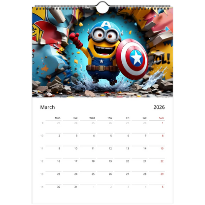 Minions Superhero Wall Calendar 2026 featuring a Minion dressed as a superhero with Captain America shield and glossy, colorful monthly pages