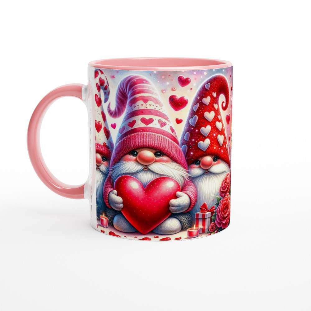 Cute Valentines Day mug with heart-holding gnome design, perfect sweet coffee cup gift.