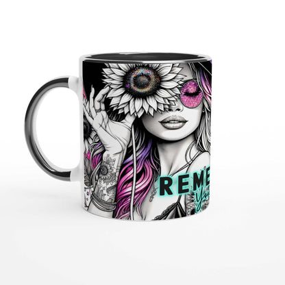 Motivational coffee mug with "Remember Your Why" design, vibrant colors, and glossy finish.