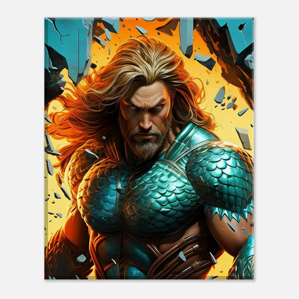 Aquaman wall canvas featuring a powerful depiction of the ocean's hero in vibrant colors.