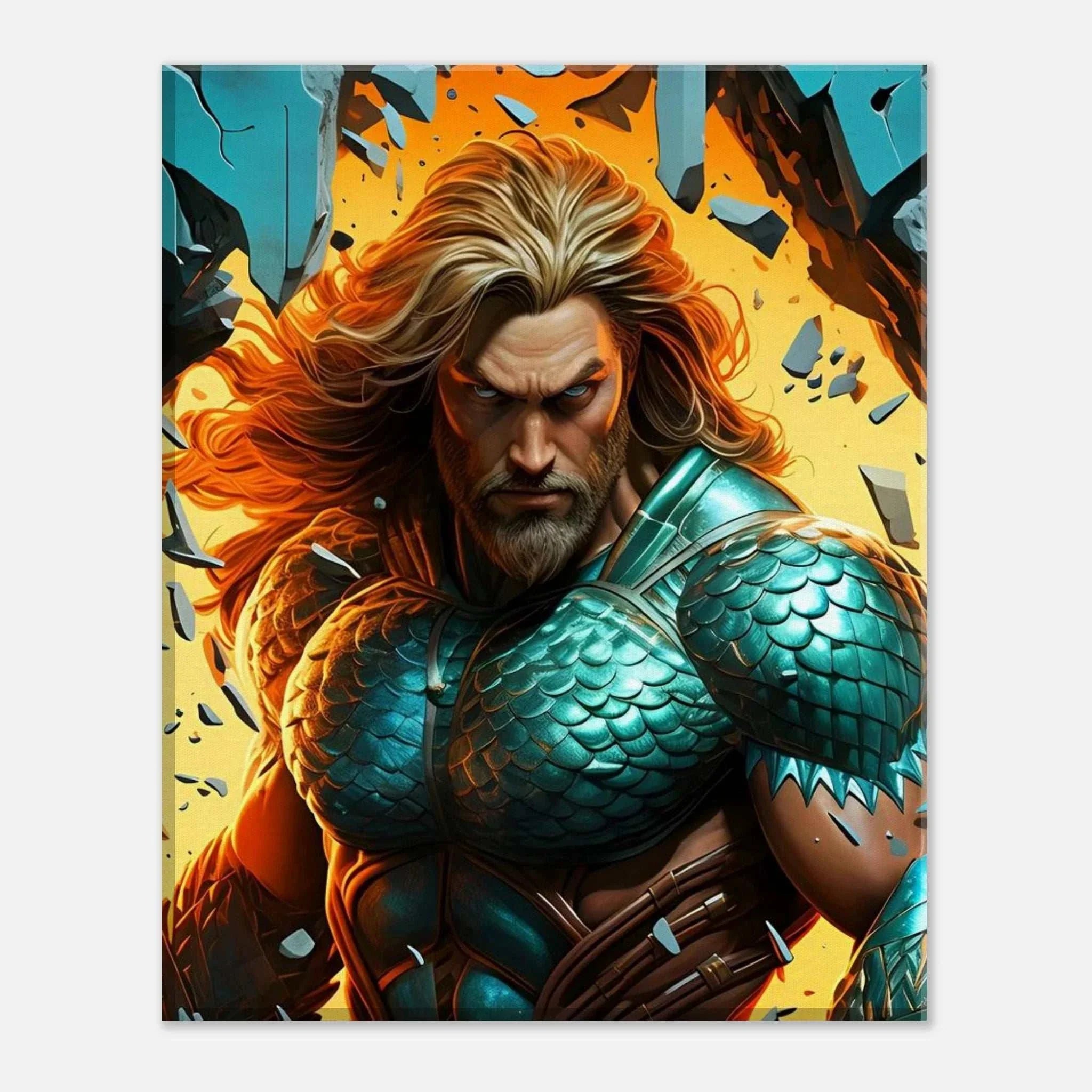 Aquaman wall canvas featuring a powerful depiction of the ocean's hero in vibrant colors.