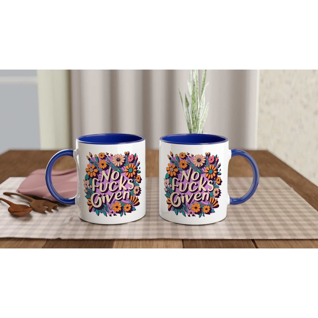 Colorful "No Fucks Given" fun mug with floral design, 11oz ceramic, blue rim and handle.