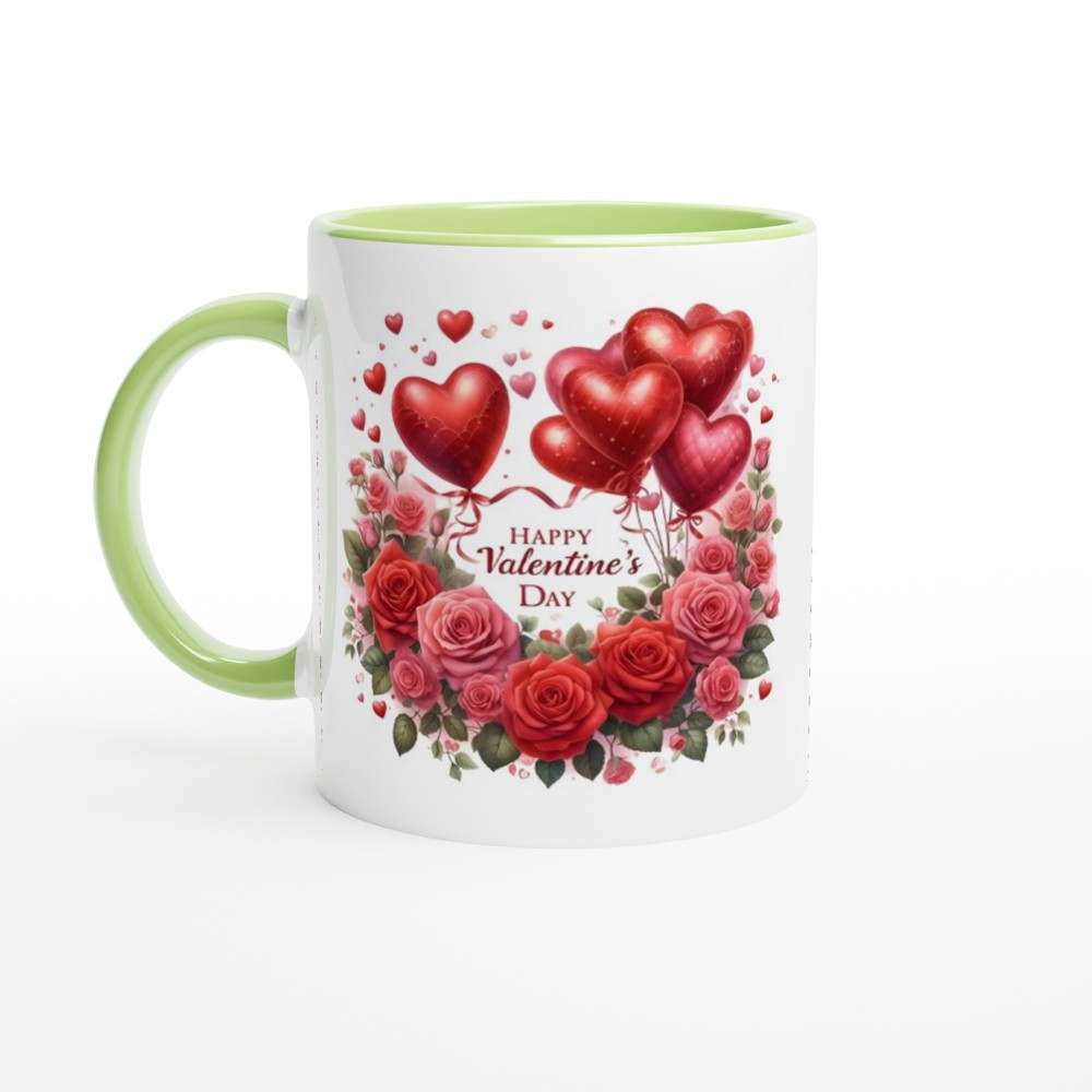 Beautiful Valentines Day mug with heart and rose design, glossy finish, colored rim and handle.