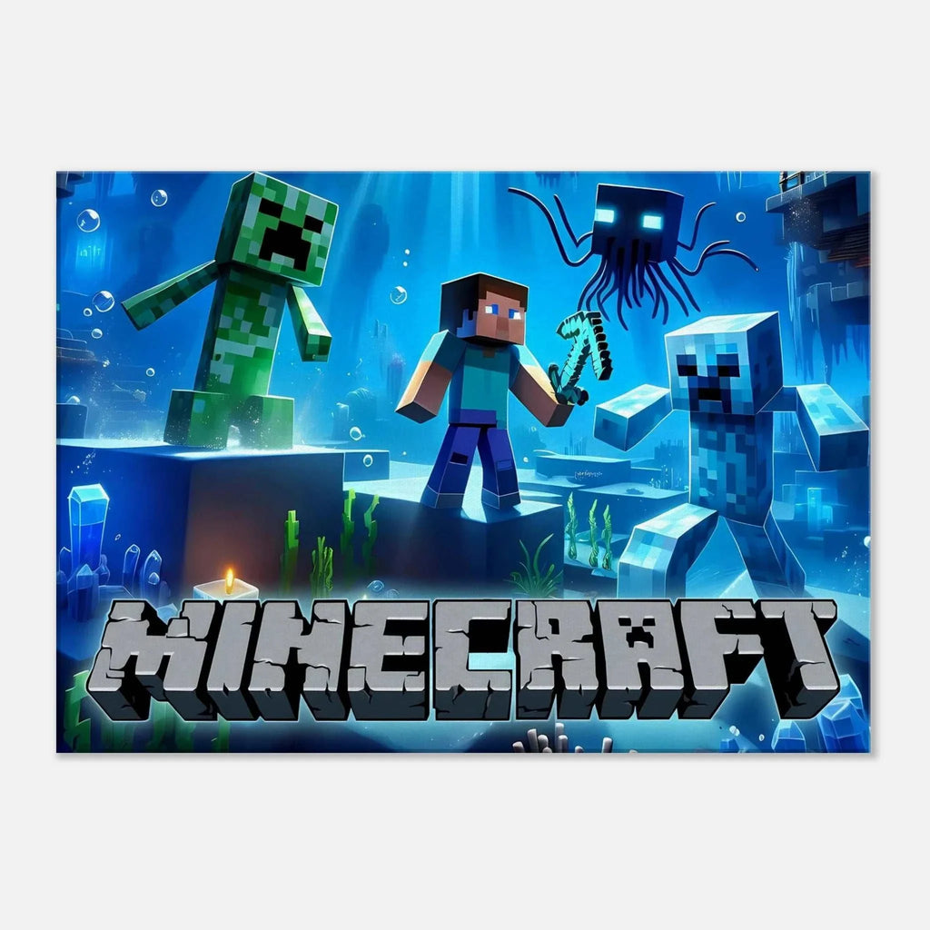 Vibrant Minecraft wall canvas featuring pixelated game scenes, available in multiple sizes.