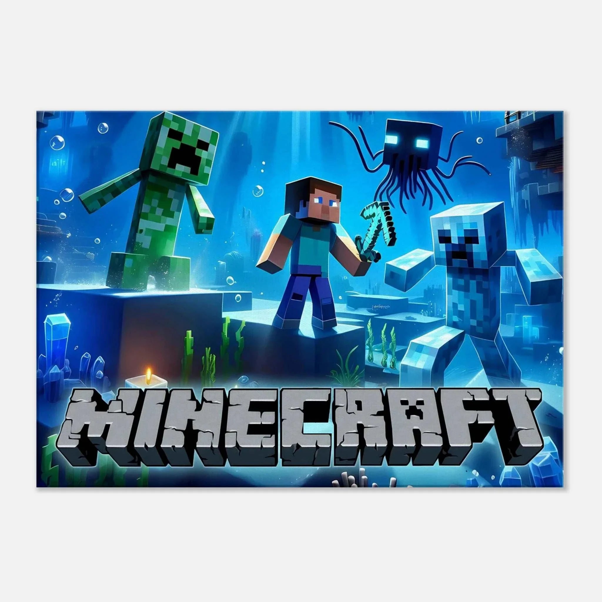 Vibrant Minecraft wall canvas featuring pixelated game scenes, available in multiple sizes.