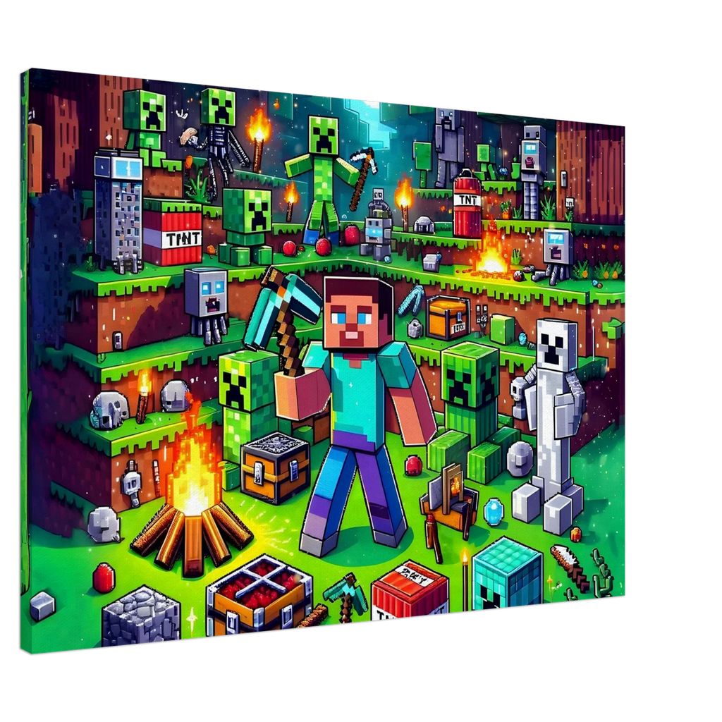 Minecraft wall canvas featuring vibrant game scenes with characters and pixel art.