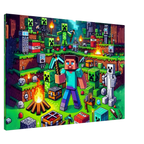 Minecraft wall canvas featuring vibrant game scenes with characters and pixel art.