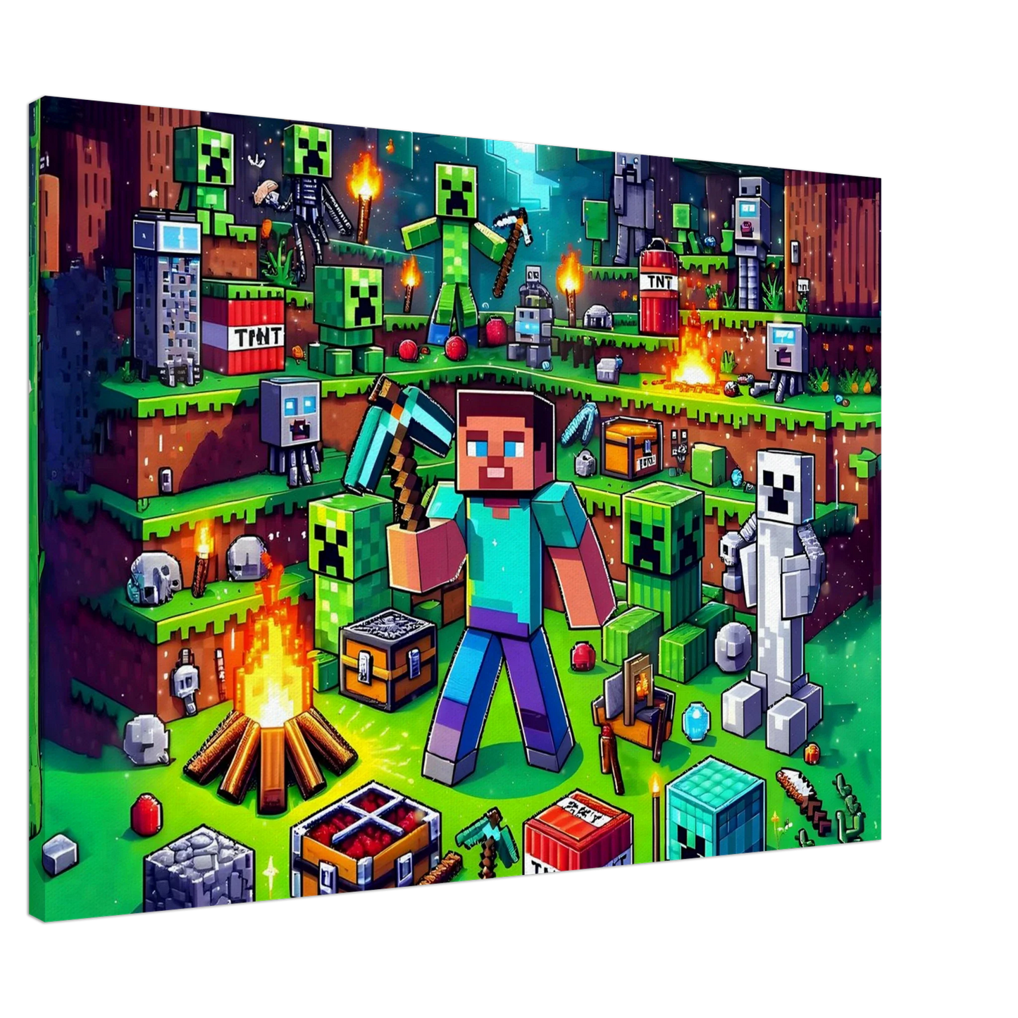 Minecraft wall canvas featuring vibrant game scenes with characters and pixel art.