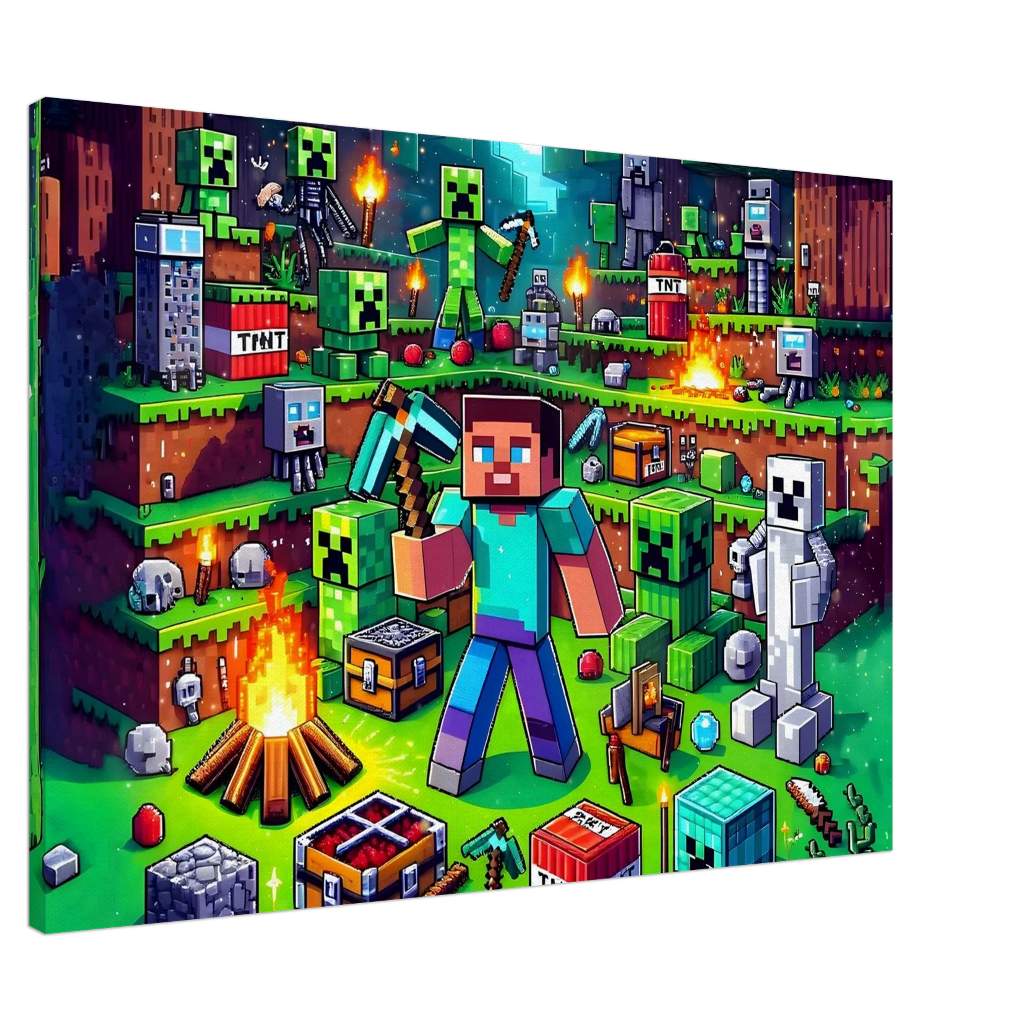 Minecraft wall canvas featuring vibrant game scenes with characters and pixel art.
