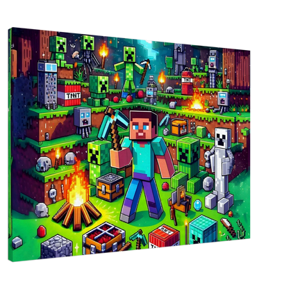 Minecraft wall canvas featuring vibrant game scenes with characters and pixel art.