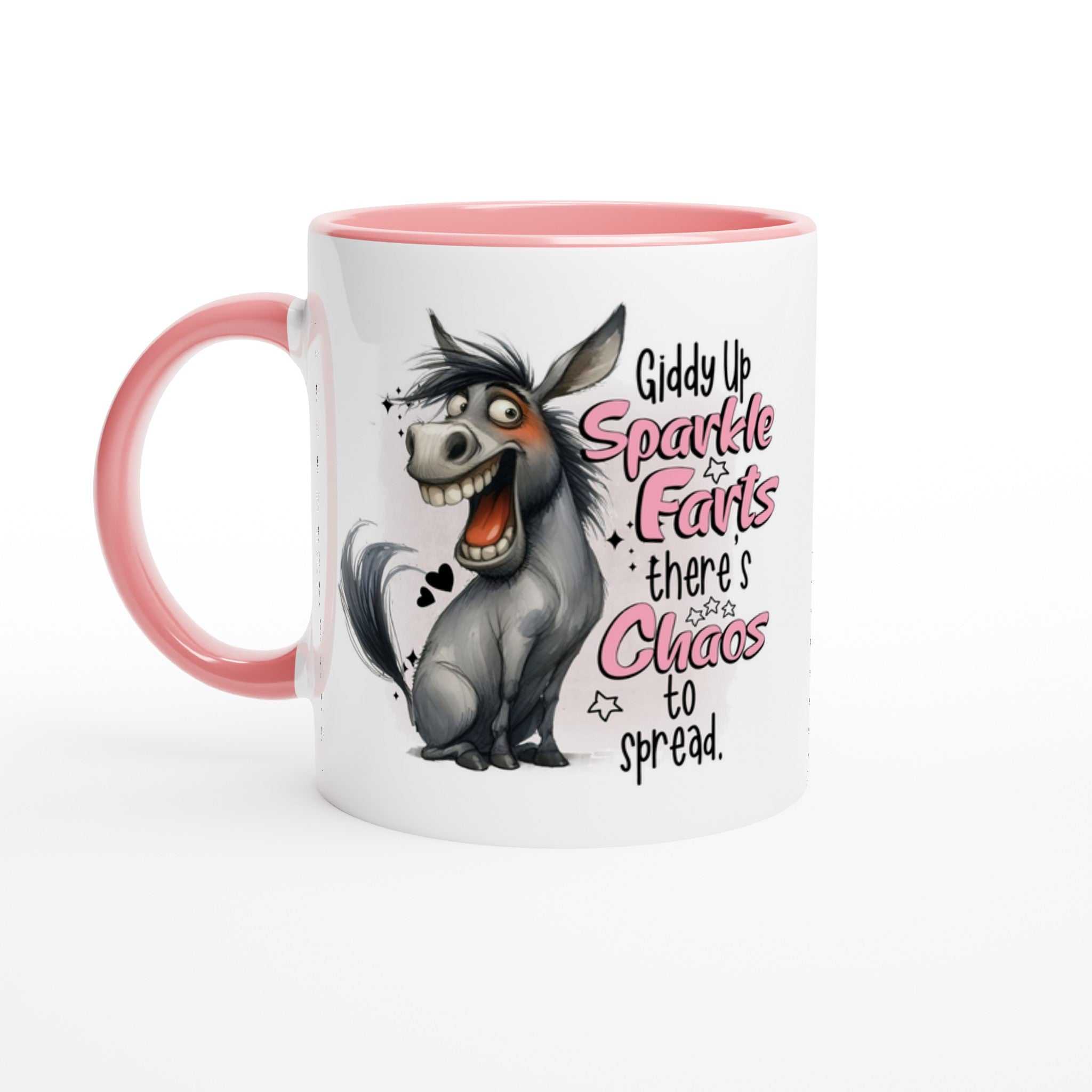 Giddy Up Sparkle Farts Quirky Mug with pink interior and handle, featuring a whimsical donkey design.