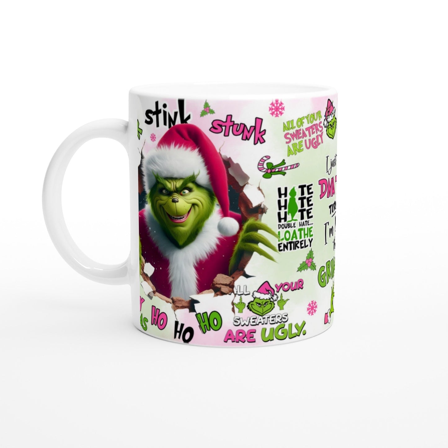 Grinch Christmas Mug with festive design, 11oz ceramic, microwave and dishwasher safe.