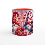 Cute Gnome Valentines Day Mug with heart pattern and roses, perfect sweet coffee cup gift.