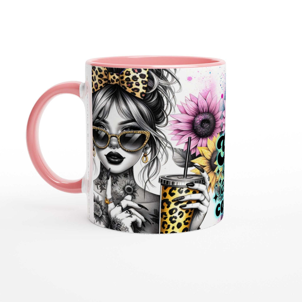 Motivational coffee mug with vibrant design and inspirational quote, featuring a glossy finish and leopard print details.