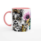 Motivational coffee mug with vibrant design and inspirational quote, featuring a glossy finish and leopard print details.