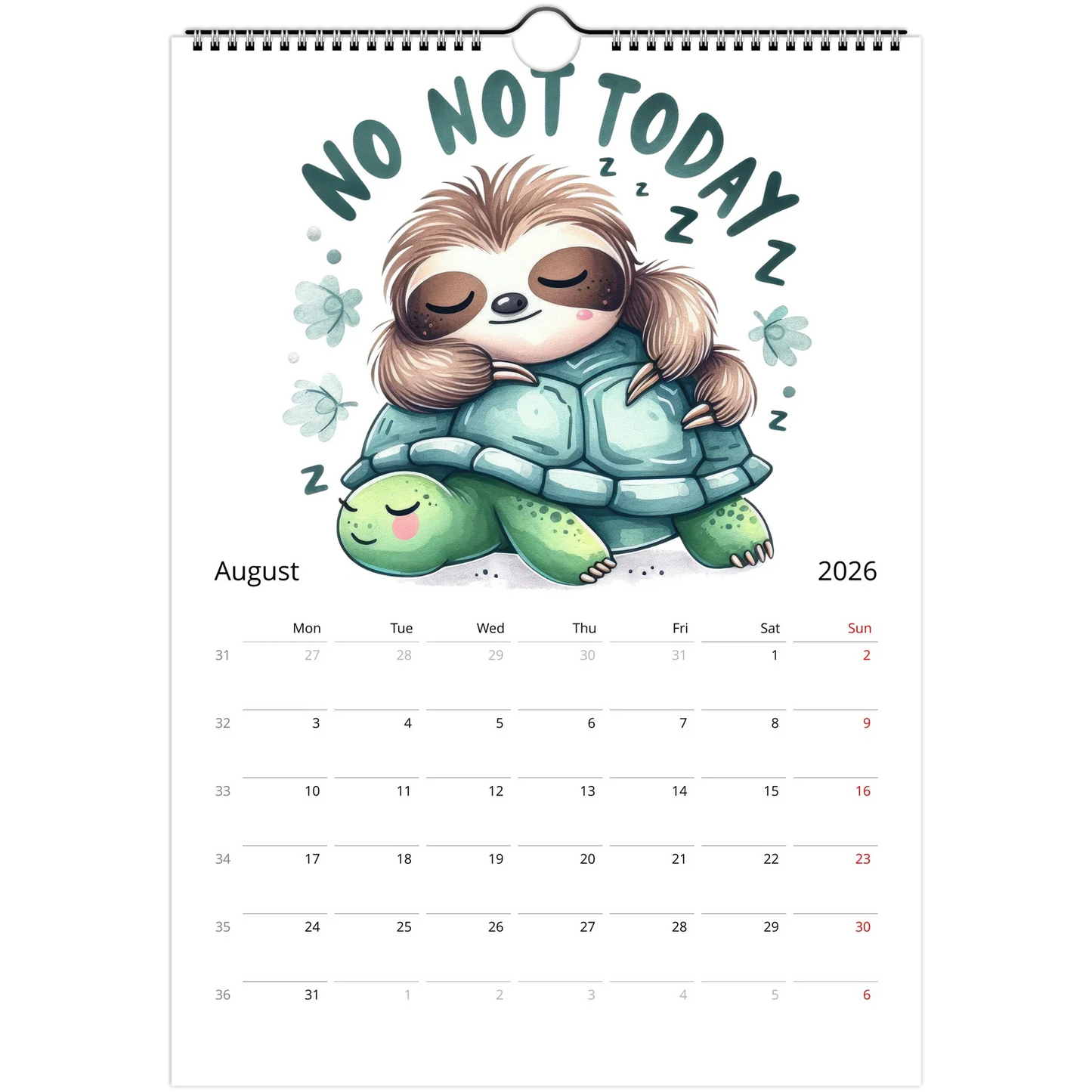 Adorable Sloth Wall Calendar 2026 with cute sloth illustration and dates for August, featuring high-quality glossy pages and spiral binding.