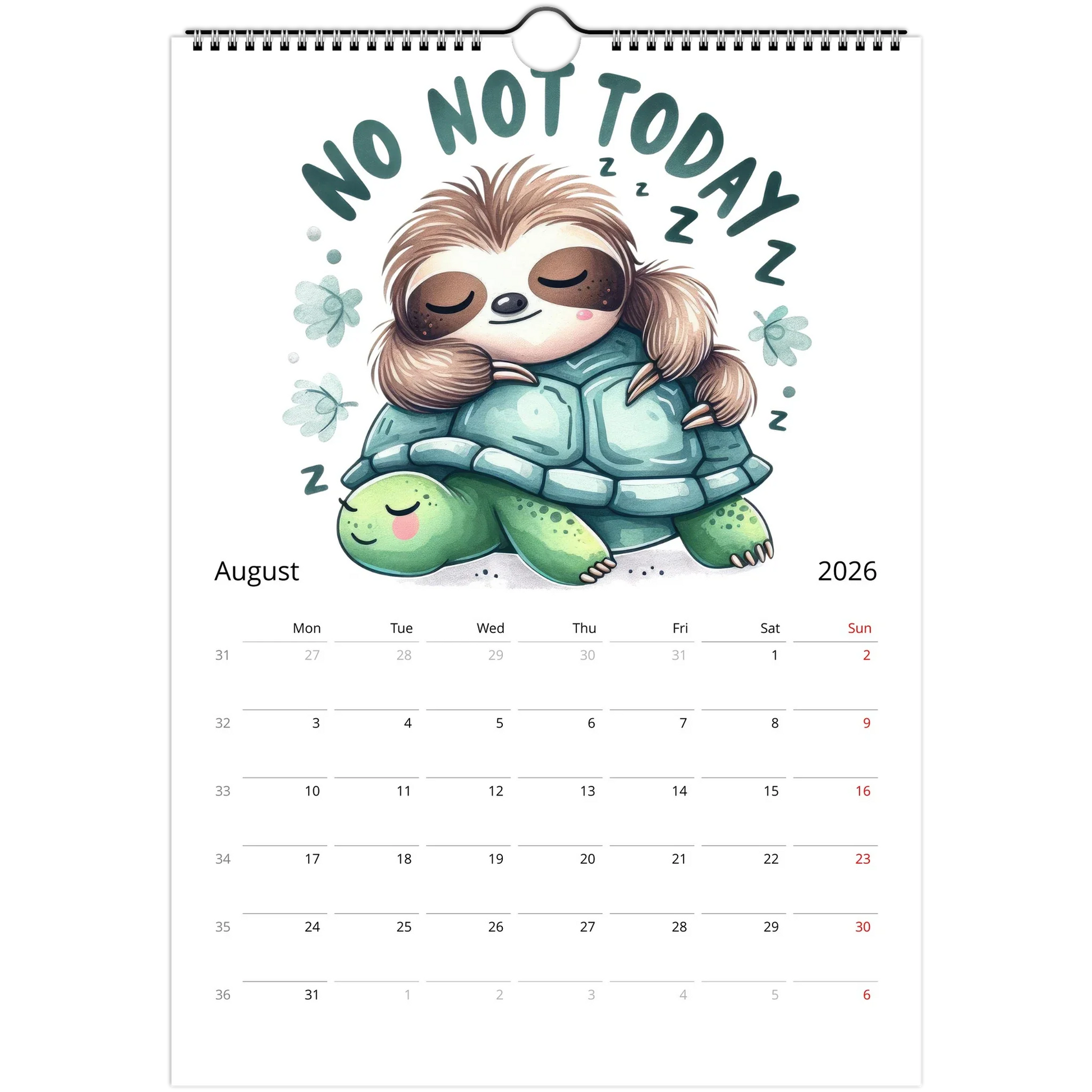 Adorable Sloth Wall Calendar 2026 with cute sloth illustration and dates for August, featuring high-quality glossy pages and spiral binding.