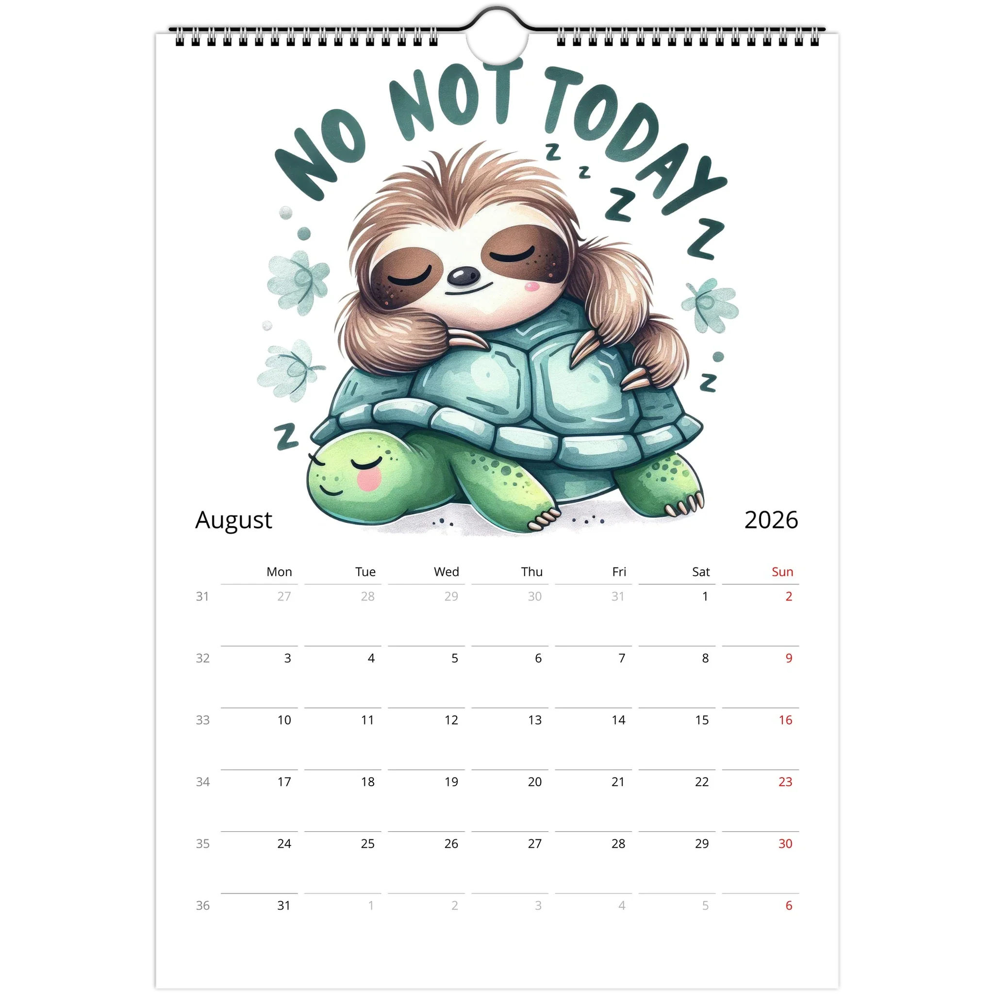 Adorable Sloth Wall Calendar 2026 with cute sloth illustration and dates for August, featuring high-quality glossy pages and spiral binding.