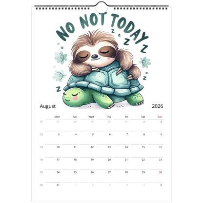 Adorable Sloth Wall Calendar 2026 with cute sloth illustration and dates for August, featuring high-quality glossy pages and spiral binding.
