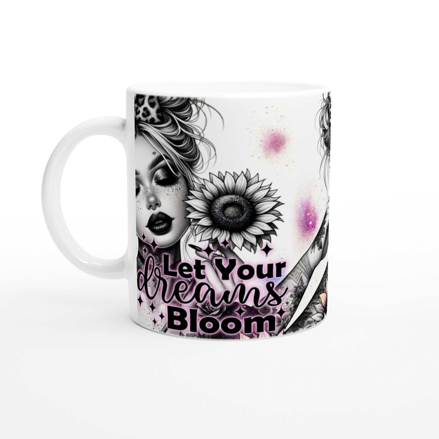 Let Your Dreams Bloom motivational coffee mug, 11oz ceramic, glossy white finish, colorful rim and handle, inspirational gift.