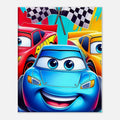 Vibrant Cars Wall Canvas with bold colors and dynamic race car design on FSC-certified wood frame