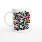 Fresh Outta Fucks Fun Mug, 11oz ceramic with colorful design, ideal for coffee or tea.